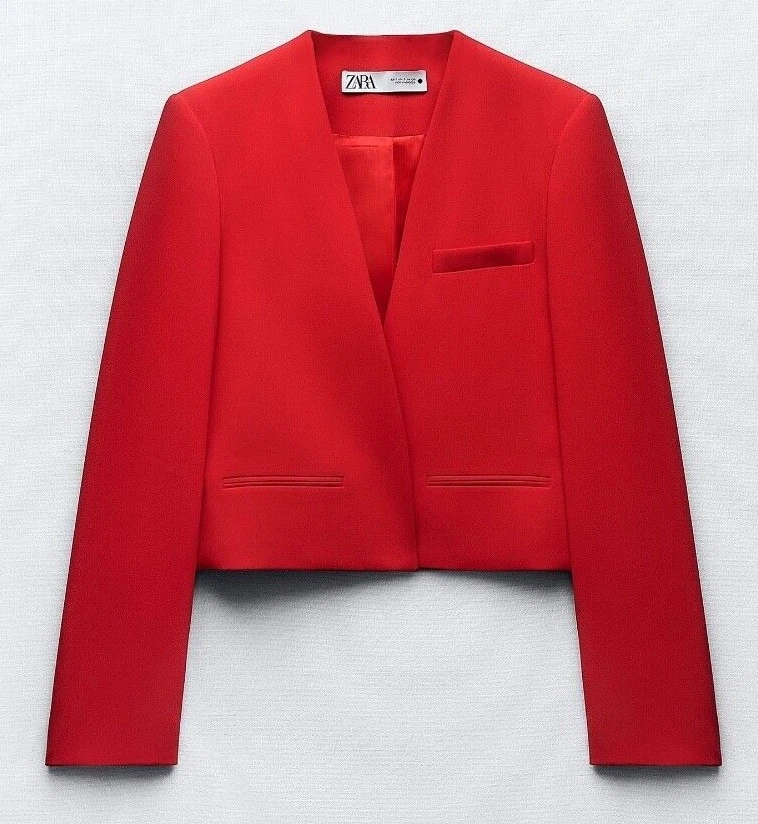 ZARA WOMAN FRONT WELT POCKETS LAPELLESS SHORT BLAZER BRIGHT RED