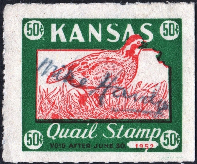 Wooten #15: Kansas Quail Hunting License Stamp (1952) Signed