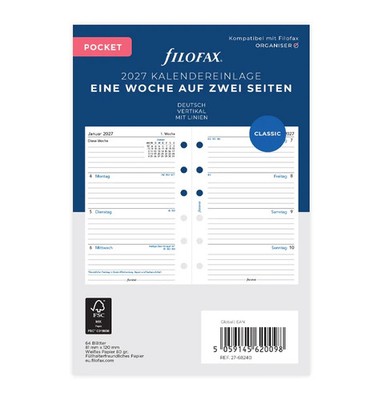 filofax Kalendereinlage 2027 POCKET  1 Woche / 2 Seiten,  Kalendarium 27-68240