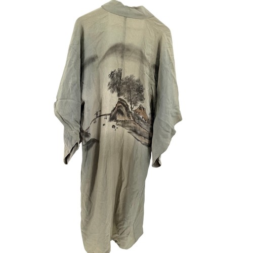 Vintage 50s Hand Painted Sumi e Landscape Silk Houmongi Kimono Robe