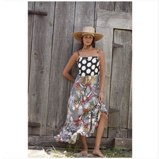 Farm Rio Anthropologie Tiered Cover-Up Maxi Dress L Mixed Jungle Polka Dot Print