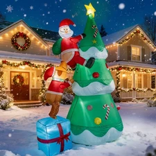 7Ft Inflatable Christmas Tree Cute Santa Claus Climbing Tree Chased by Dog Puppy