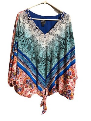 Coco Bianco Bandana  blouse batwing sleeve tie knot front,Sz XL Boho tropical ￼