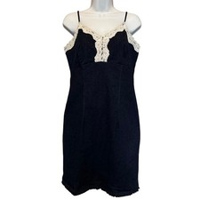 Vintage Denim Lace Trim Slip Mini Dress M Babydoll Y2K 90s Coquette Ruffle Fem