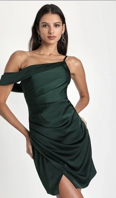 Lulus Emerald Green Satin Asymmetrical Mini Dress Bodycon XS Homecoming  Wedding | eBay