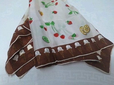 Vintage 100% Silk Unique Ice-cream Cone Edge Fruit Centered XL Hankie FREE SHIP