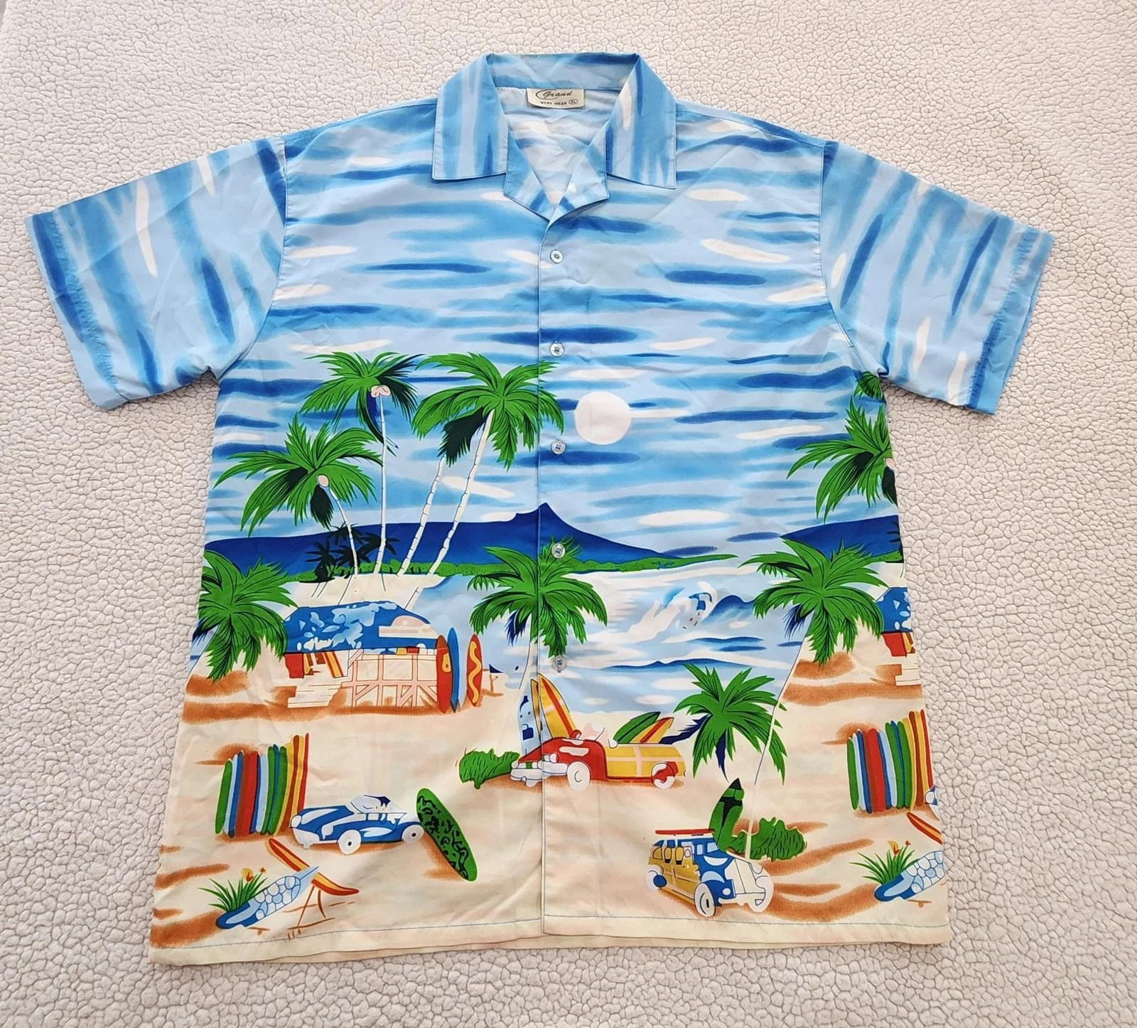 Vtg Grand Hawaiian Shirt Mens Sz XL Surf Beach Scene Palms Tropical button-up