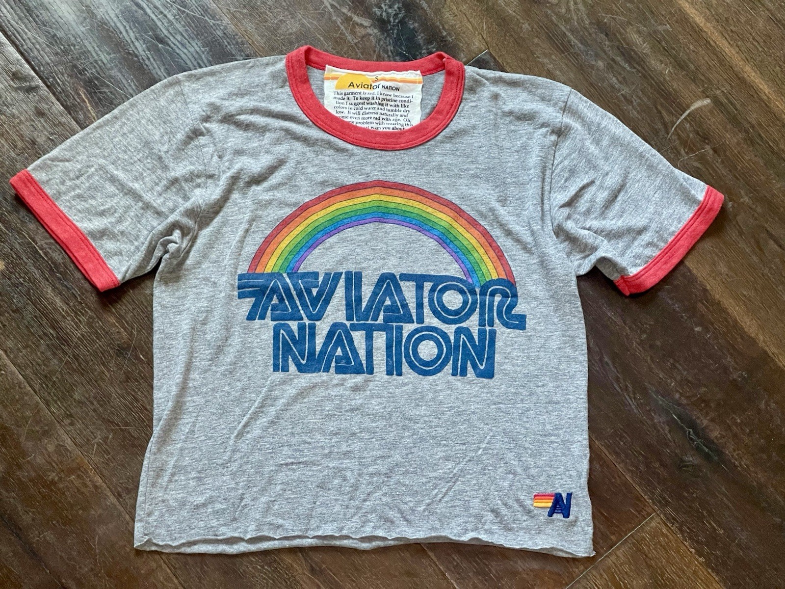 Aviator Nation Ringer Boyfriend Tee Slightly Cropped Raw Hem SzS Rainbow Logo
