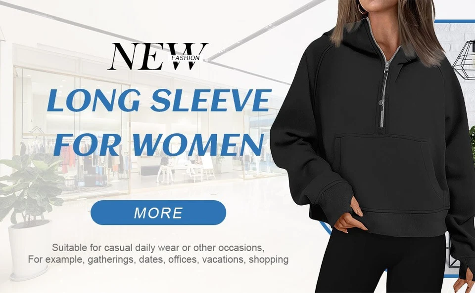 Womens Half Zip Pullover Long Sleeve Sweatshirt Hoodie Sweater Blouse Outwear - Image 4 of 4