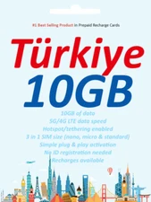 Turkey Travel SIM: 10GB Data, 15 Days, Turkcell 5G Network, Prepaid SIM Card