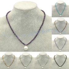 4mm Natural Sorts of Gemstone 14mm Round White Shell Pearl Pendant Necklace 18''