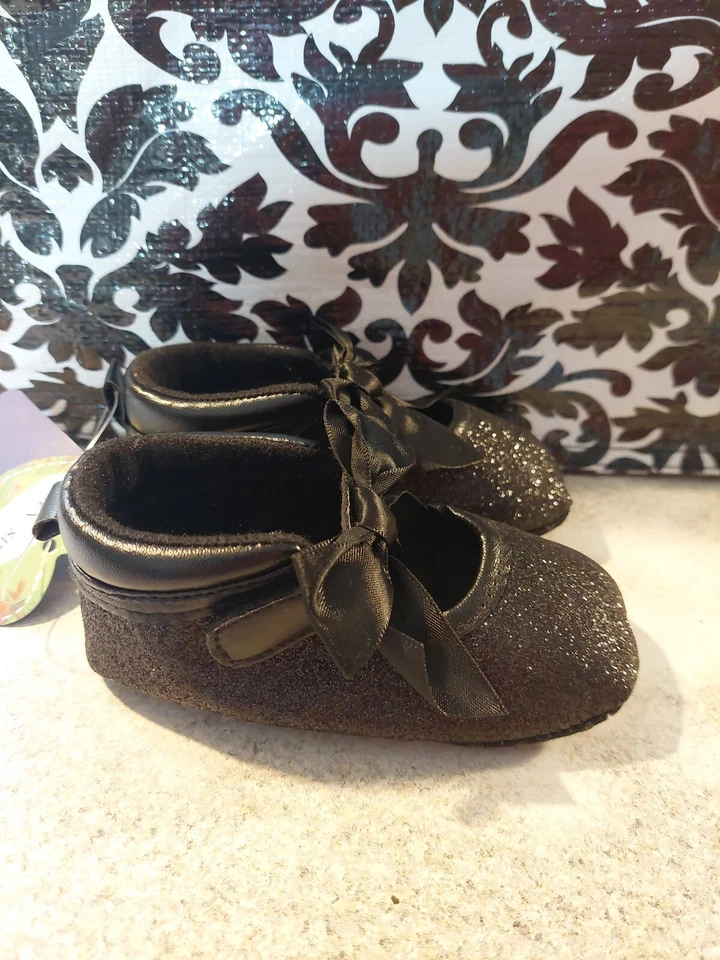 Zapatos de Bebé Niñas Talla 3 Infantil Negro Brillo Vestido Lazo 12-18mths Mary Jane Zapatilla Foto 2 de 4