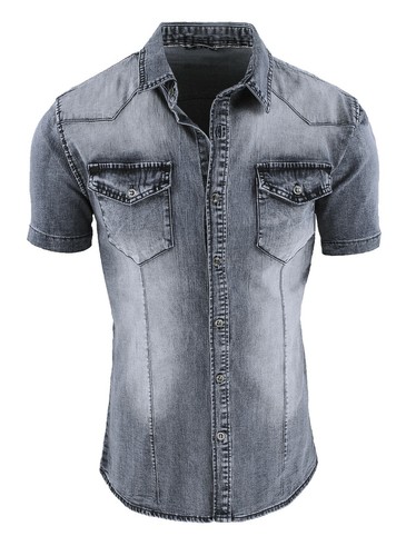 Camicia di Jeans uomo grigio denim a manica corta slim fit aderente S M L  XL XXL | eBay