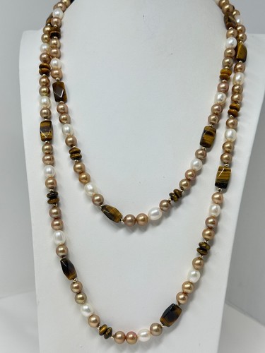 Vintage 14K Yellow Gold White Golden Freshwater Pearl Tiger's Eye 52" Necklace - 第 2/11 張圖片