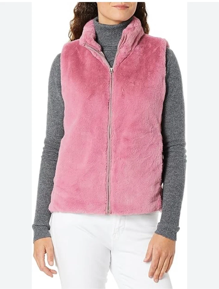 NWT J. Crew Factory J.Crew Women's Plush Faux Fur Full Zip Vest Guava Berry XXS - Image 2 of 4