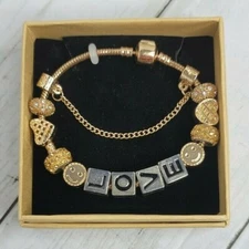 Love Charm Bracelet Goldtone Rhinestones Smiley Face Heart Dangle Chain Fashion