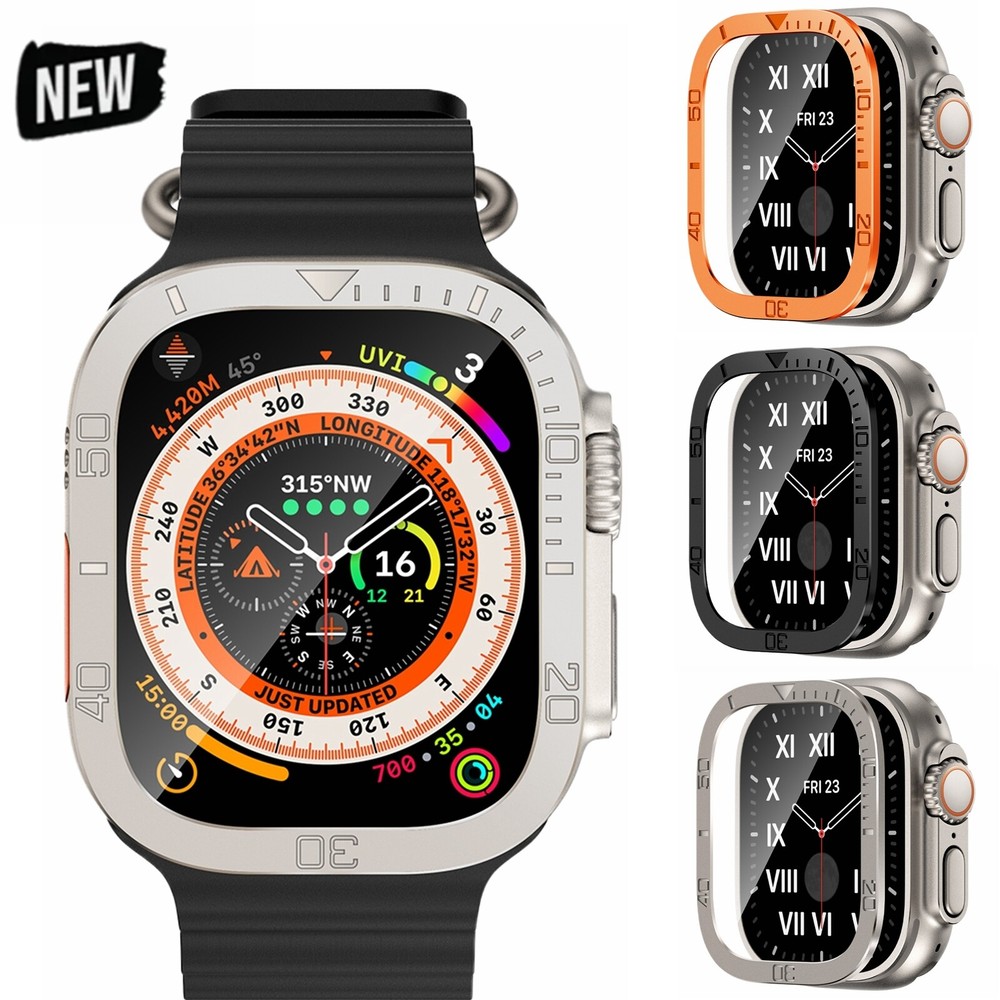 For Watch Ultra 2/Ultra 49mm Alloy Frame Tempered Glass Screen Protector Cover