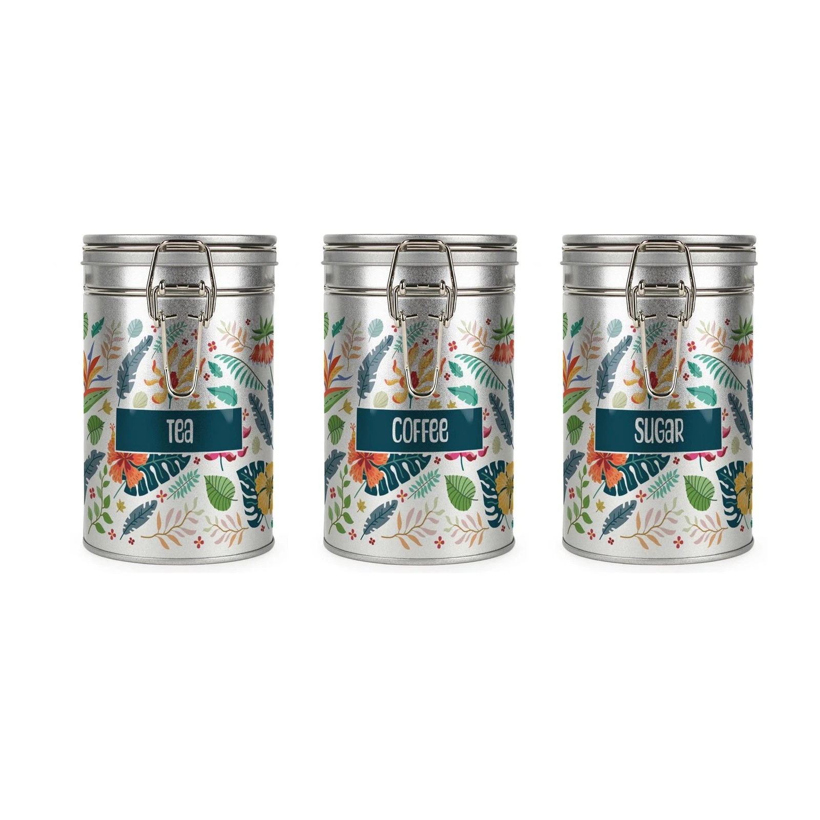 Tropical Flowers Tea, Coffee & Sugar Canisters Set - Silver Storage Gift Tins