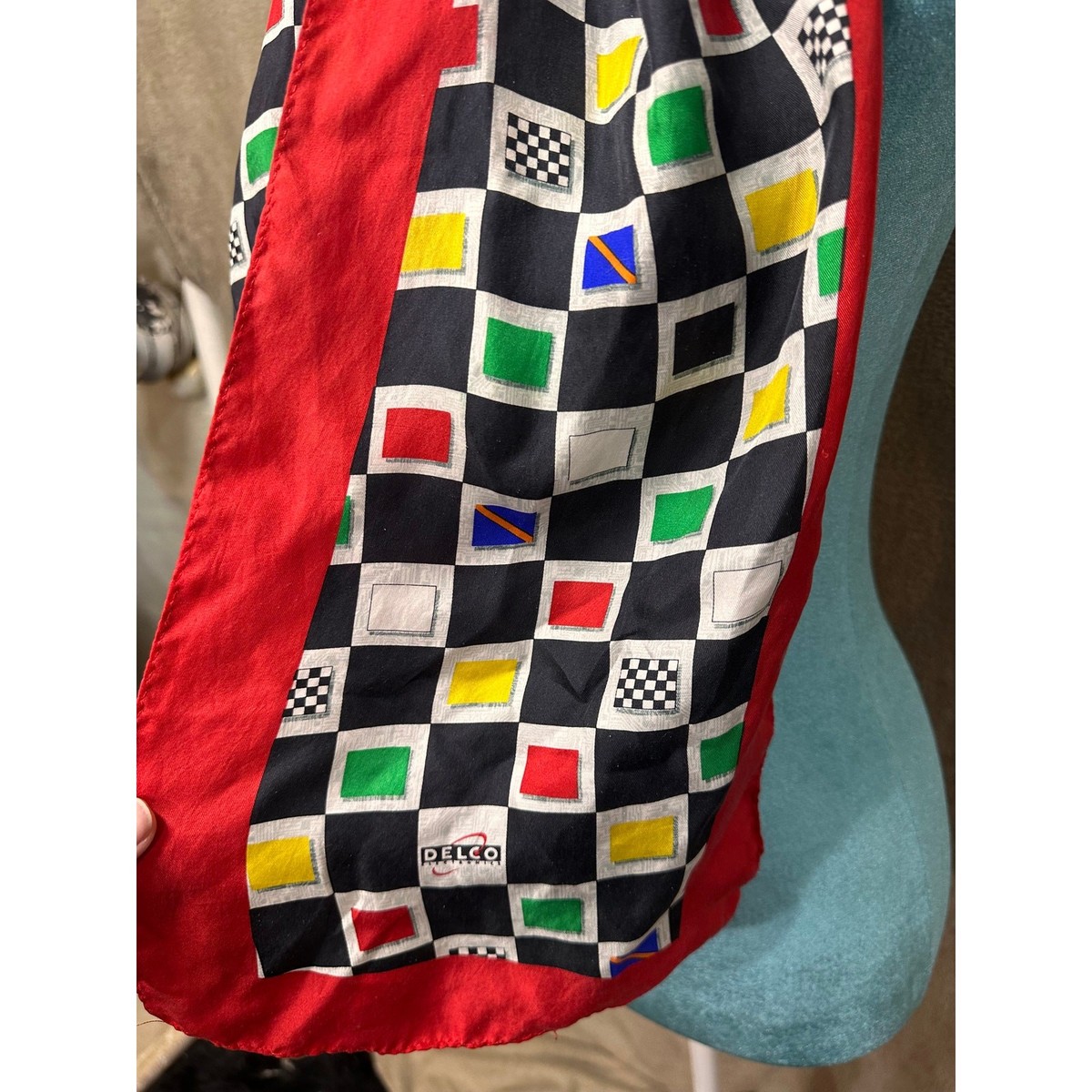 Vintage Delco Electronics Racing Silk Scarf 80s 90s Checkered Retro Statement View 6