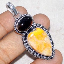 925 Silver Plated Long Bumble Bee Jasper Black Onyx Pendant 2.2" Trendy MJ