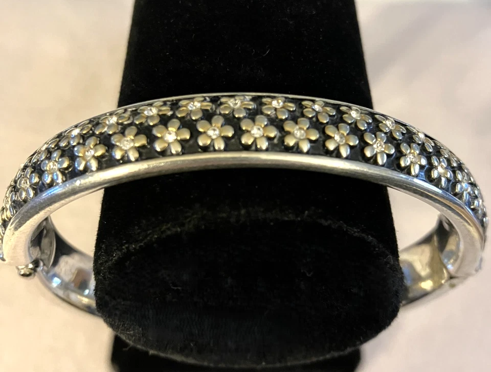 Brighton Loves Me Black Enamel Flower Crystal Hinged Silver Oval Bracelet Bangle - Image 4 of 4