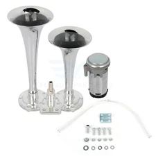 Loud 12V 135dB Car Truck Dual Trumpet Train Air Horn Kit Chrome Metal Silver