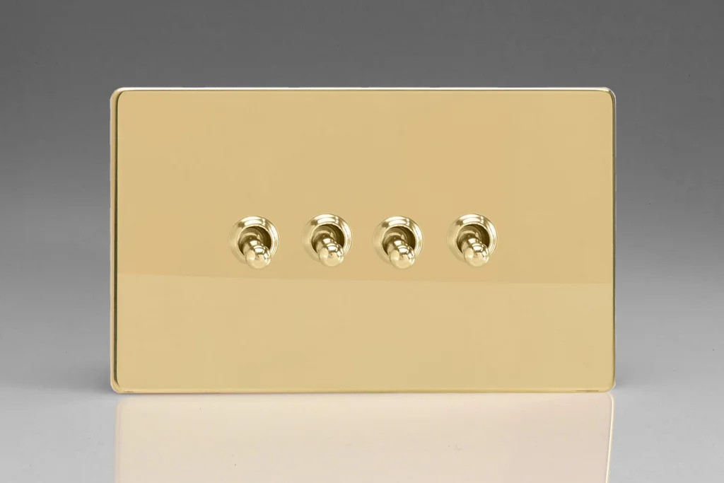 Switch Brass Quad Toggle 10A 4-Gang 2-Way Screwless Polished Varilight XDVT9S