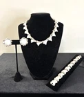 VTG Signed CROWN TRIFARI Brushed Silver WHITE ENAMEL SCROLL Parure Jewelry Set