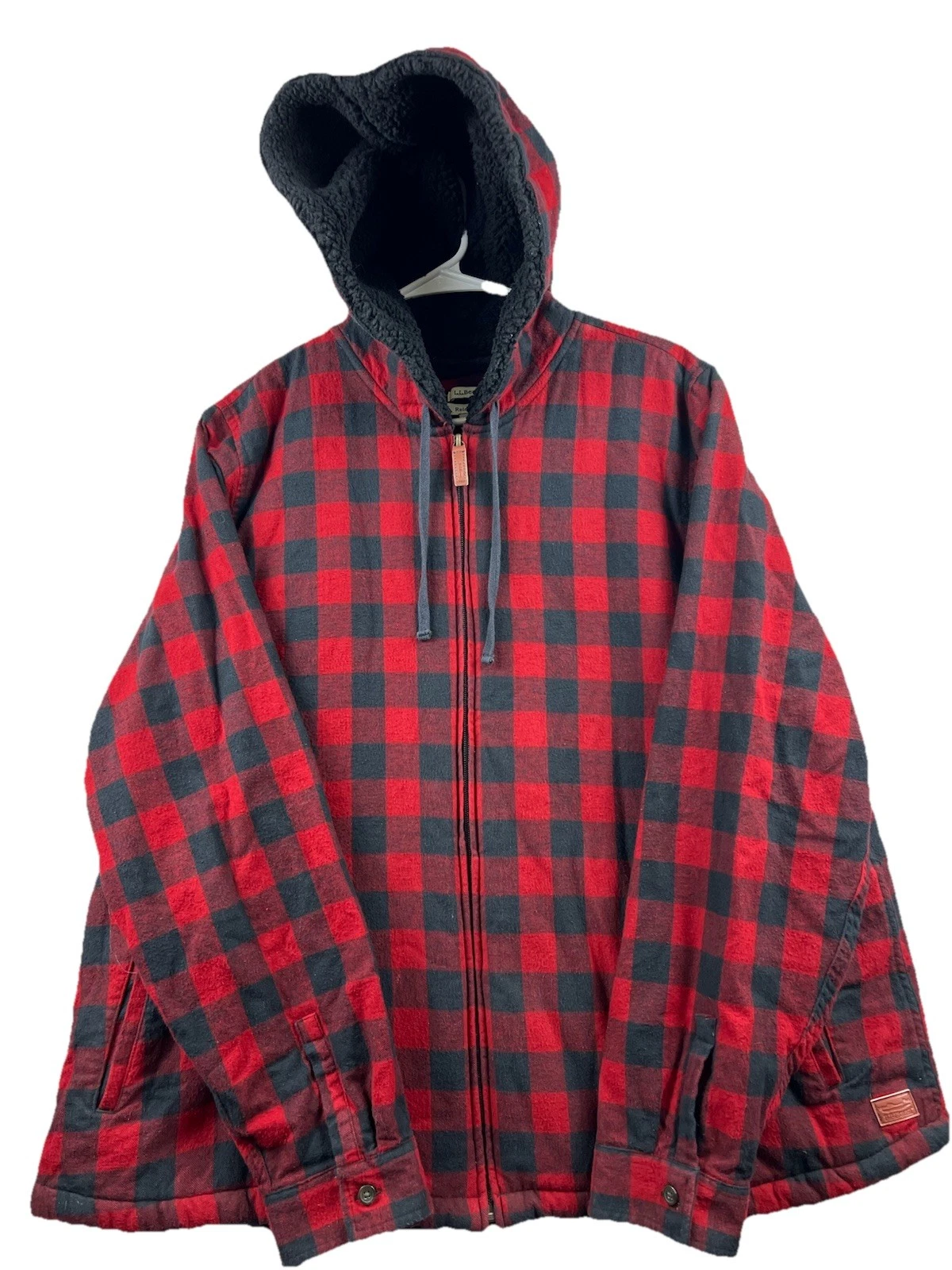 LL BEAN Buffalo Check Jacket Red Black Pockets, Hood, Full Zip 2XL Men’s
