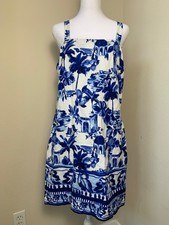 Loft Linen Blend Dress Sz 8 Blue White Palm Sleeveless Tropical Beach Resort