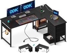 Corner Desk with Drawers, Reversible L Shaped Computer Desk with Power Outlet, O