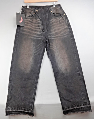 Free World Order Herrenjeans Medium schwarz FVVO weites Bein Y2K Distressed Denim neu mit Etikett