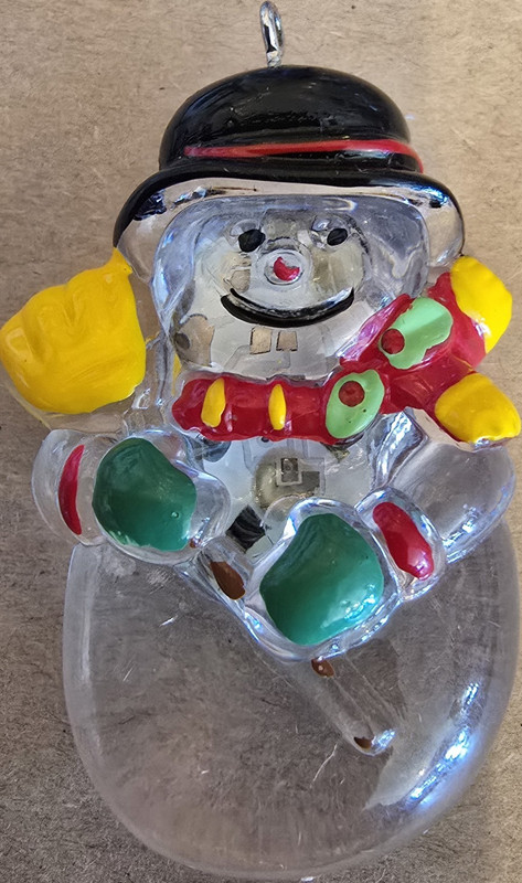 Clear Plastic Snowman Hanging Ornament w/ Black Hat Red Scarf Green Mittens