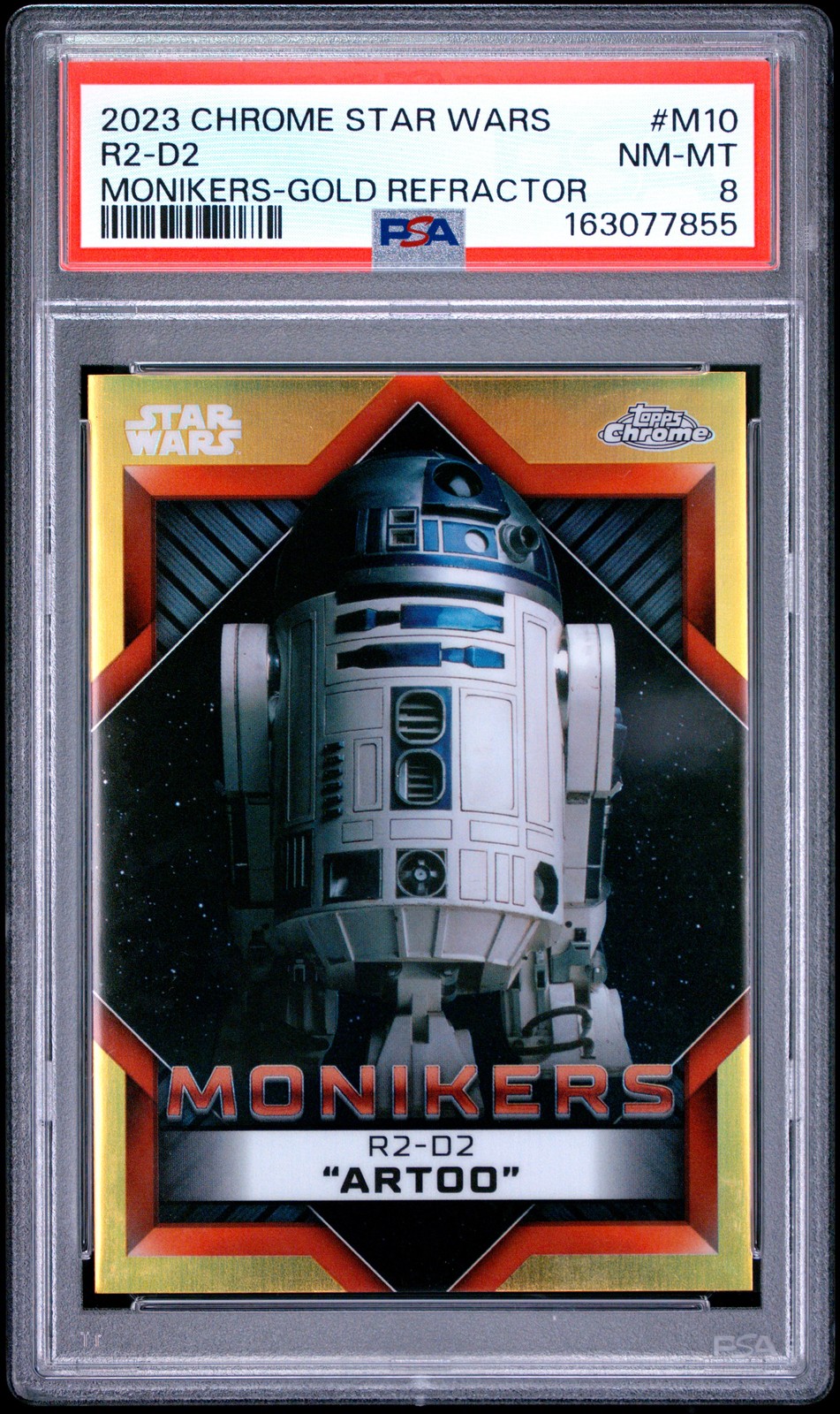 2023 TOPPS CHROME STAR WARS MONIKERS GOLD REFRACTOR #M10 R2-D2 24/50 PSA 8 view 1