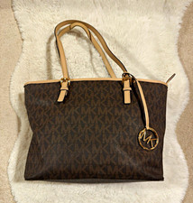 Michael Kors Logo Brown PVC Tote, Beige Straps, Gold Hardware, Zip, Charm