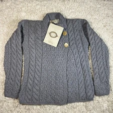 Aran Merino Wool Cardigan Sweater Women Cable Knit Button Neck Irish Made Jacket