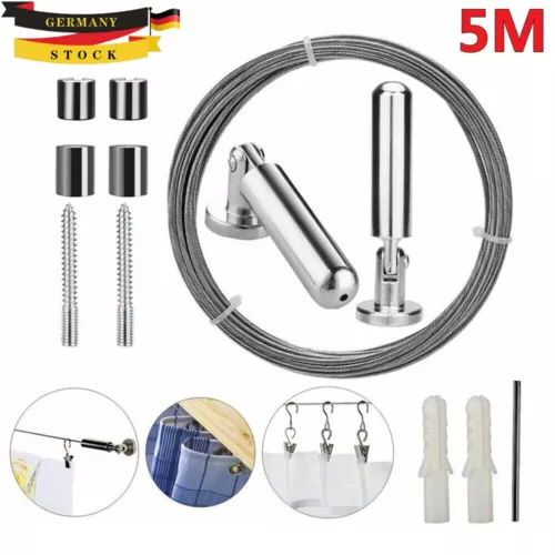 5m Edelstahl Seilspanner Seilspanngarnitur Gardinenseil Vorhang-Set Drahtseil - Bild 1 von 12