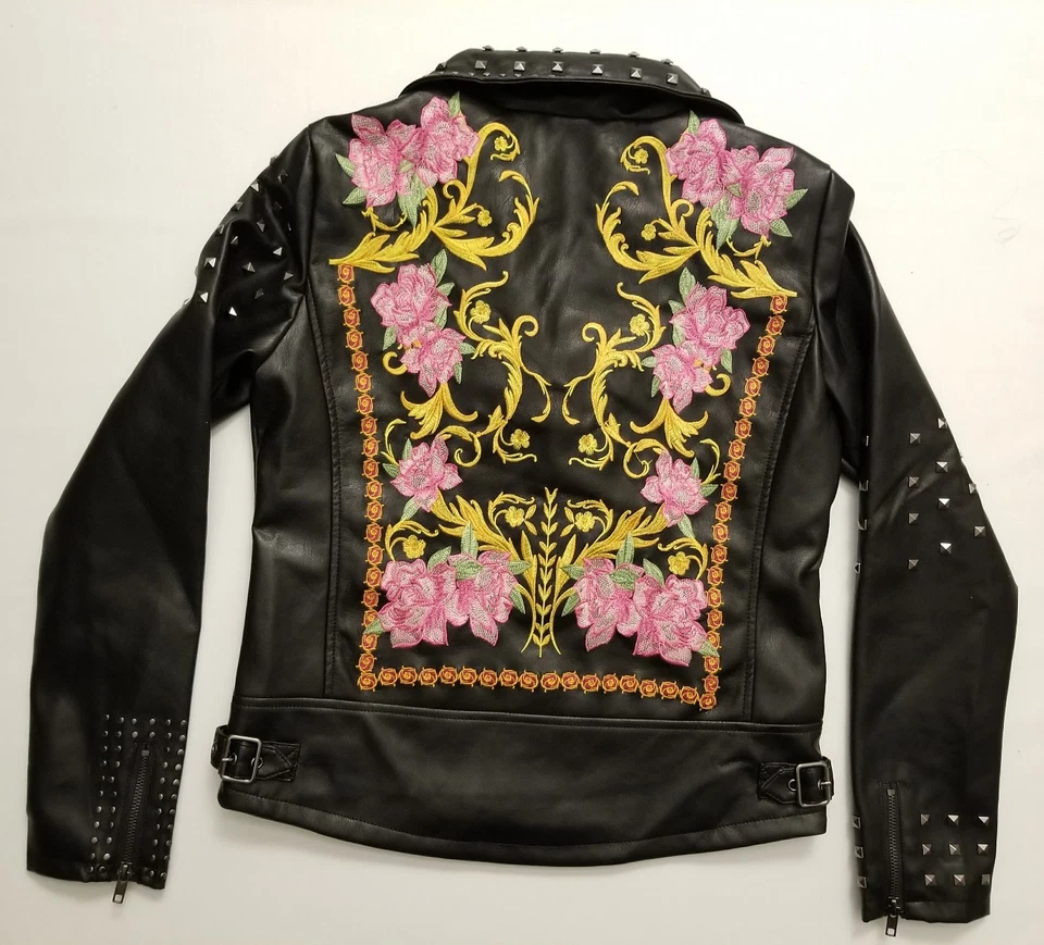 Chaqueta de Moto Silence & Noise Irina Negra Imitación Cuero Tachonado Bordada Pequeña S Foto 3 de 4