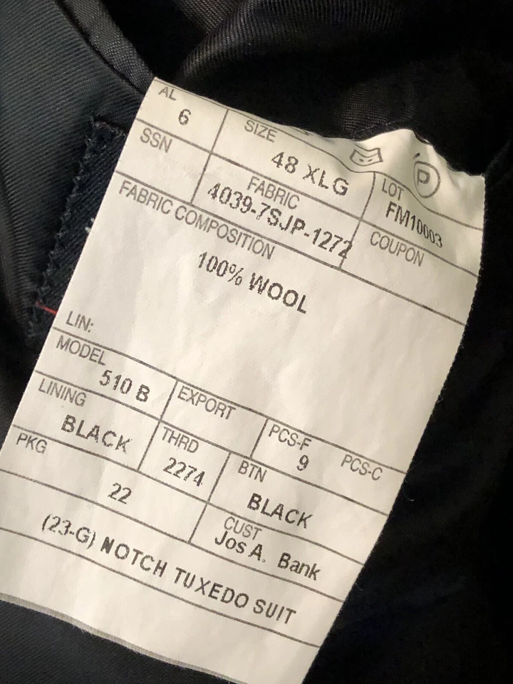 Jos A Bank Signature Collection Black Tuxedo Suit 48 XLG Jacket, 42x32 Pants - Image 4 of 4