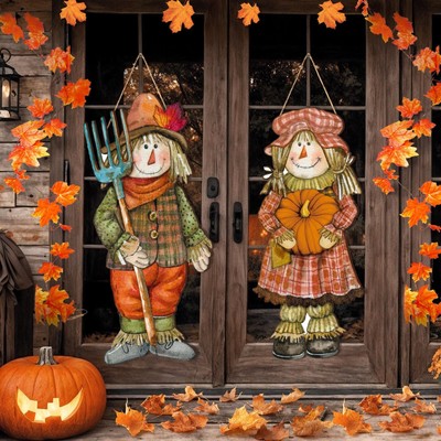 Barydat 2 Pcs Thanksgiving Scarecrow Hanging Sign Fall Welcome Wooden Porch S...
