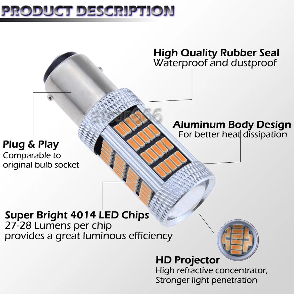 2pcs 1157 BAY15D Amber Yellow 92-4014SMD High Power LED Turn Signal Light Bulbs - Image 3 of 4