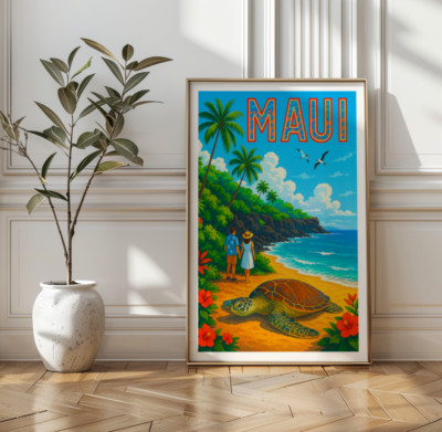 Maui Hawaii travel poster print with sea turtle on beach, tropical island shorel