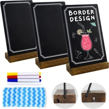 3 Pack Small Chalkboard Signs with Stand, 8X5'' Table Top Sign with Wooden Base