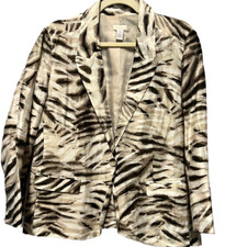Chicos Womens Jacket 2 Tan Large Button Front Linen Lightweight Animal Cruise