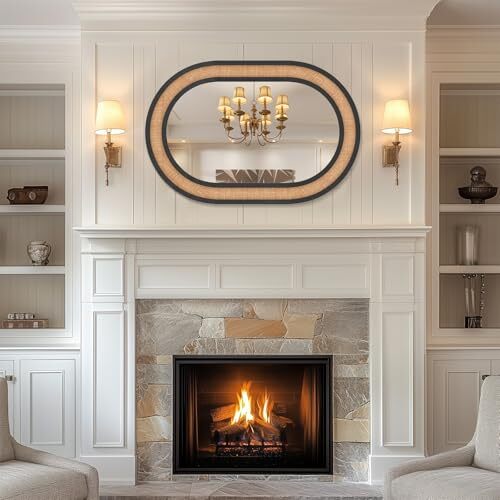 Rattan Wall Mirror with Wooden Framed Black Oval Bathroom 24 x 36 IN