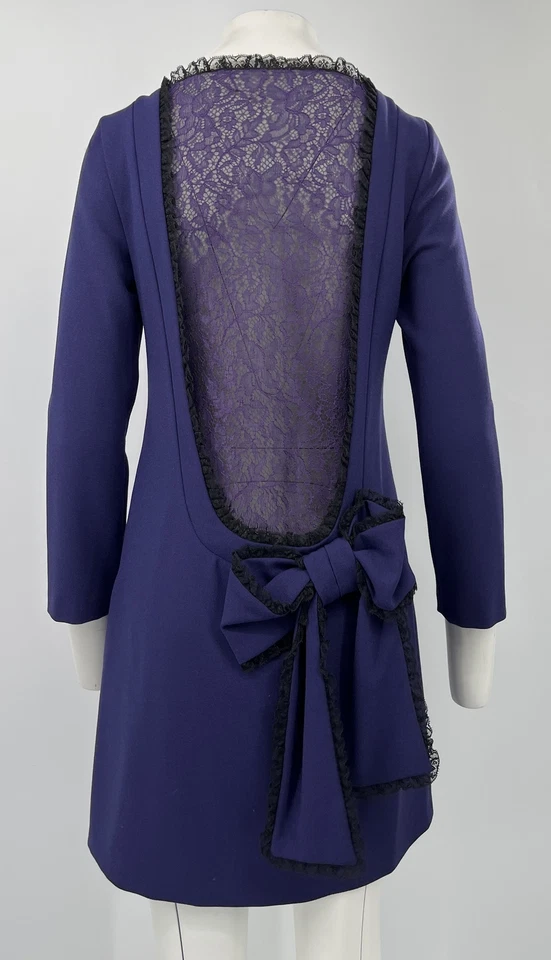 Vestido recto rojo Valentino púrpura manga larga encaje espalda moño acento talla 42 Foto 3 de 4