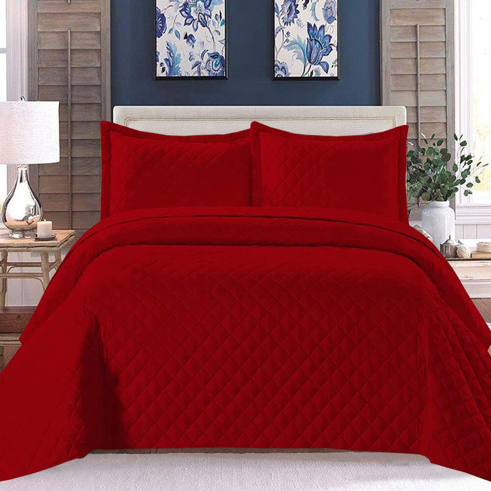 3 Piece Quilted Bedspread Embossed Bed Throw Single Double King Size