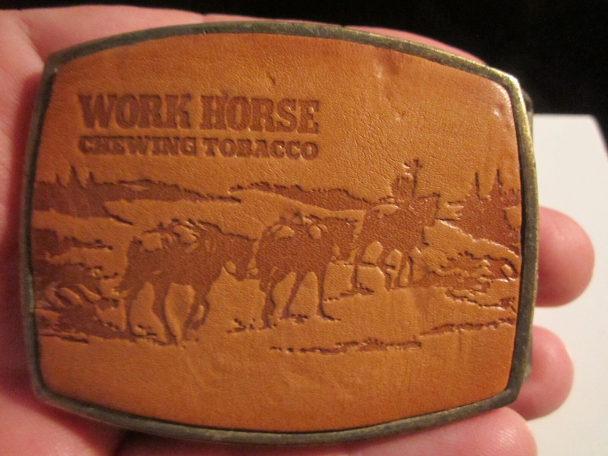VINTAGE WORKHORSE CHEWING TOBACCO BELT BUCKLE LEATHER