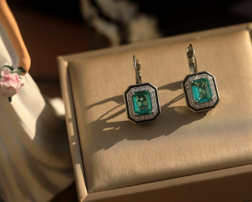 Silver Rectangle Set CZ Green Art Deco Sleeping Earrings EH5 - Image 3 of 4