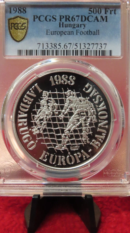 Hungría 1988 Fútbol Europeo Plata 500 Florines Fútbol PCGS PR67 Foto 2 de 4